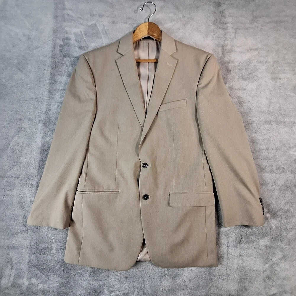 Calvin Klein Suit Mens 40 Long 32x31 Beige Stripe Double Vent 2 Btn Slim Fit